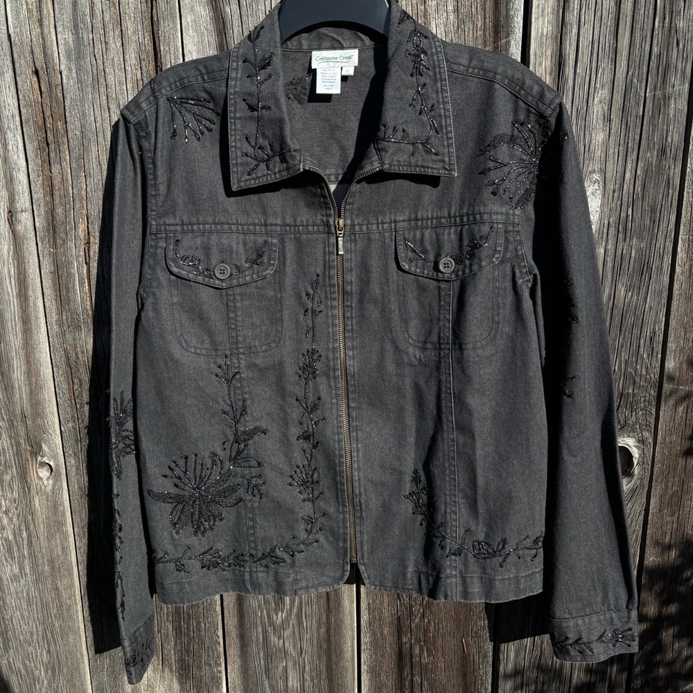 Coldwater Creek Charcoal Embroidered Jean Jacket 100% Cotton size XL